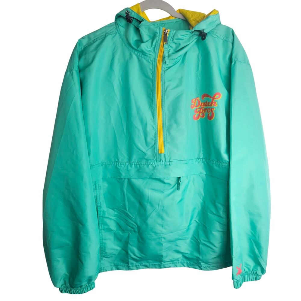 Dutch Bros Mens Half Zip Hooded Windbreaker Pullover Jacket Sz L Coffee Colorful